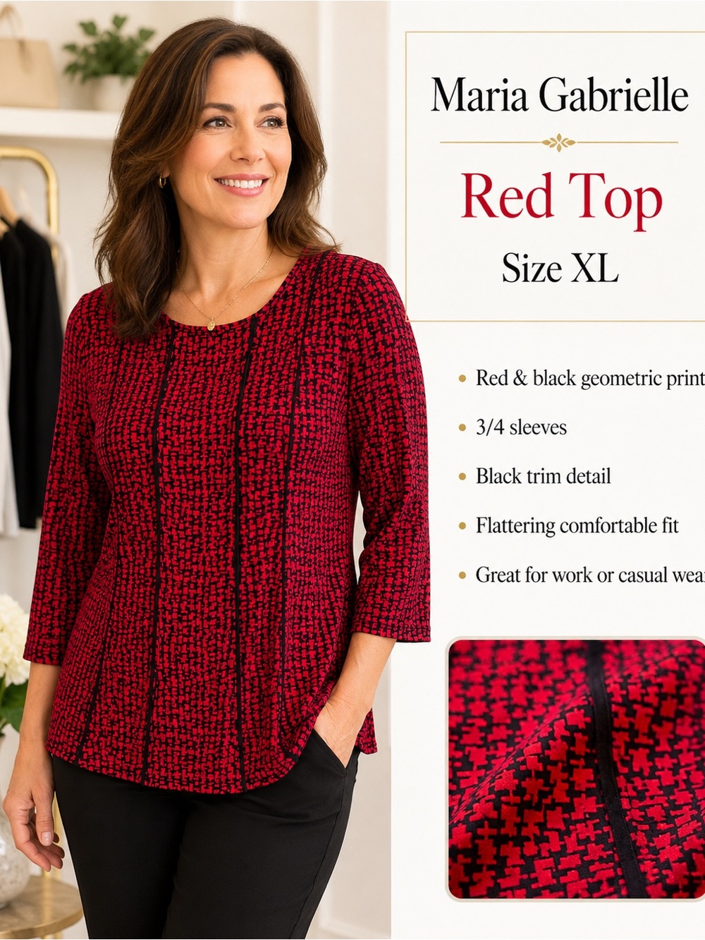 Maria Gabrielle Red & Black Geometric 3/4 Sleeve Tunic - XL